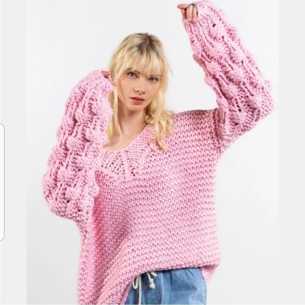 POL Chunky Knit Sweater Balloon Sleeves Heavyweight Open Knit Pink Sz S